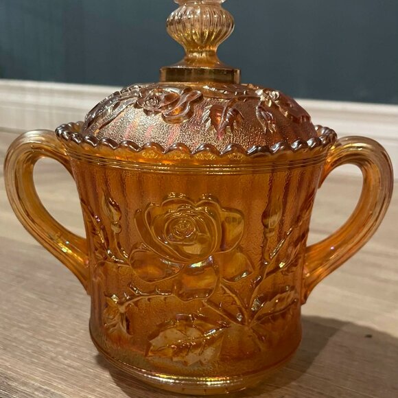 Imperial Glass Carnival Glass “Open Rose” Covered Sugar Bowl –Marigold READ - Picture 2 of 6